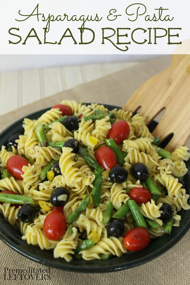 This quick and easy Asparagus and Pasta Salad recipe has a bright flavor. This meatless pasta salad recipe includes asparagus, olives,tomatoes, and peppers.