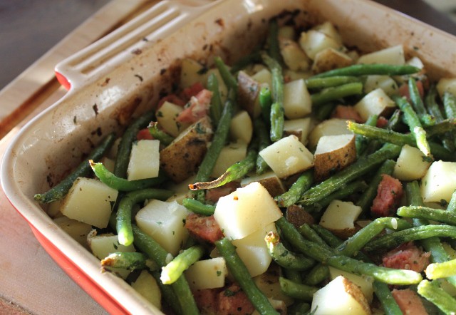 Roasted Potatoes, Green Beans and Ham Casserole