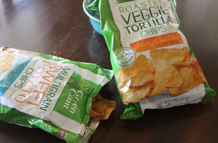 A Giant surprise! Green giant Veggie Chips: Green Giant Roasted Veggie Tortilla Chips and Green Giant Multigrain Sweet Potato Chips with Sea Salt