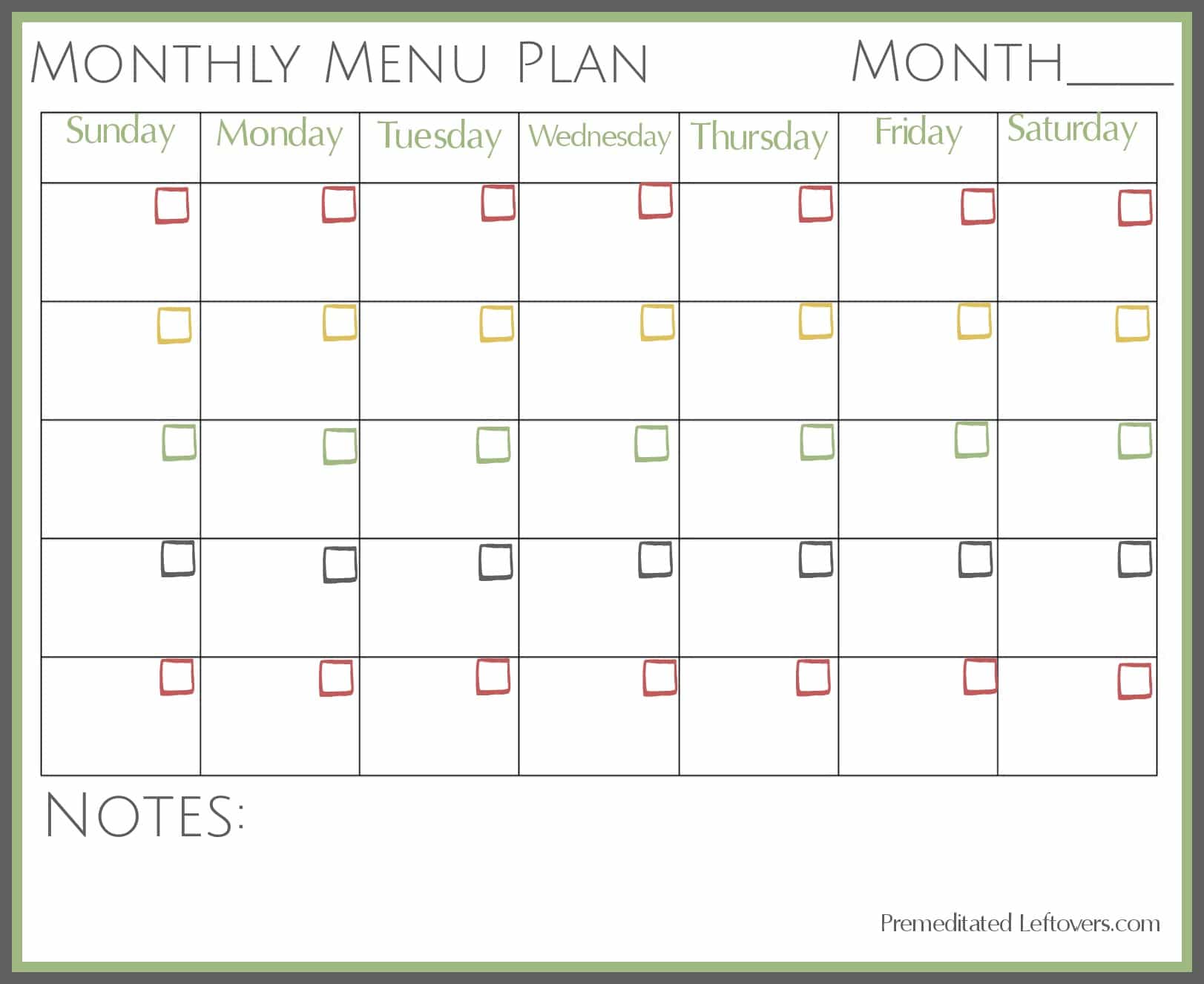 Free Printable Monthly Menu Plan