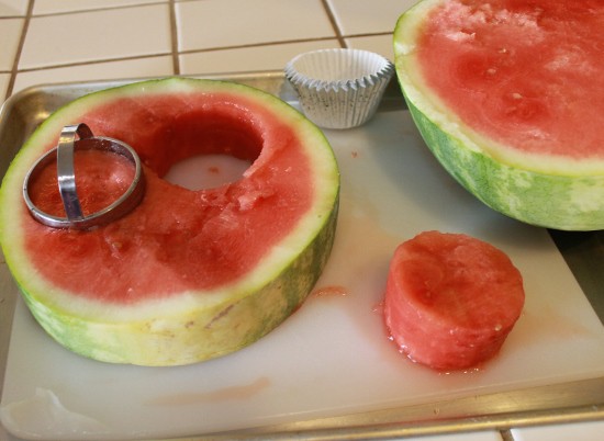 how to make a watermelon cupcake - step 1 cut round cupcakes from a slice of watermelon