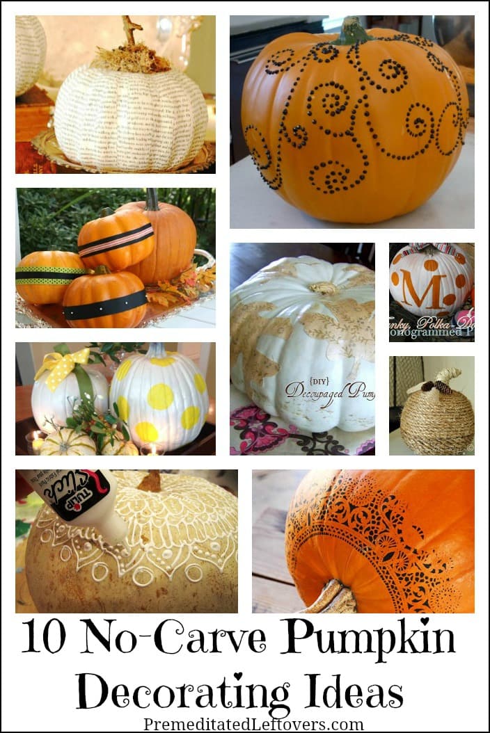 10 No-Carve Pumpkin Decorating Ideas - Ways to decorate pumpkins including decoupage pumpkins, painted pumpkins, and using lace and twine to cover pumpkins.