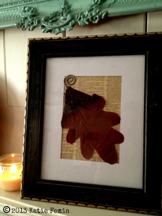 Finished and Displayed Vintage Leaf Art Project for Fall