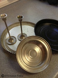 Old platters, dishes, and pie plates can be used to make a 3 tier server