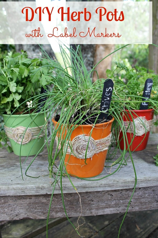 A Quick and Easy Dollar Store DIY Herb Pot project for spring. It only takes $4.00 to make these 3 cute custom herb pots with chalk board label markers.