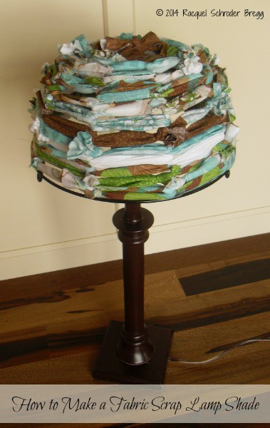 DIY Fabric Lamp Shade Made with Fabric Scraps - How to make an easy, no-sew, fabri lamp shade by using scraps of leftover fabric and a wire basket.