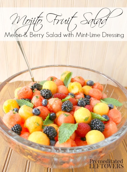 Mojito Fruit Salad: Watermelon & Berry Salad with Mint-Lime Dressing - A fruit salad made of watermelon, cantaloupe, and berries flavored with mint and lime.