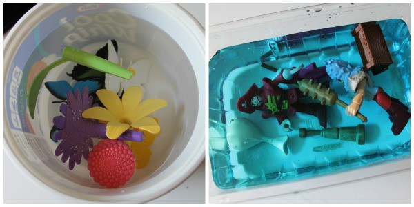 creating a fun ice block for kids by placing toys in water and freezing