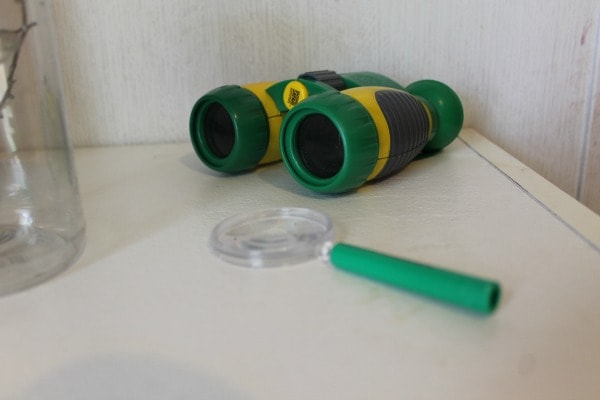 DIY science shelf - binoculars and magnifying glass