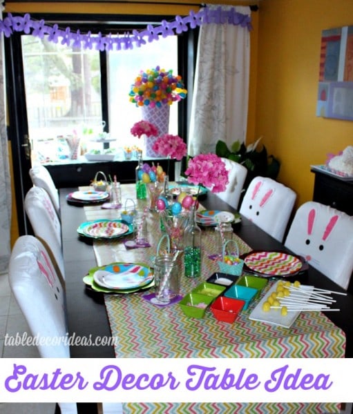 Easter decor table idea using wrapping paper as a table runner