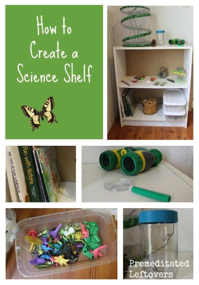 How to Create a DIY science shelf - fun ideas for how to create a science learning station for your kids that will inspire, educate, and entertain them.