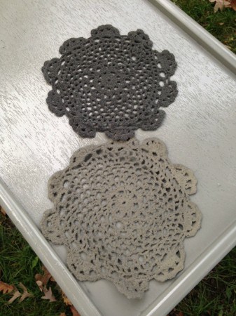 Place lace on painted TV Tray then paint
