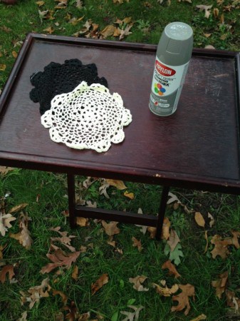 Items needed to make a Lace Stenciled TV Tray