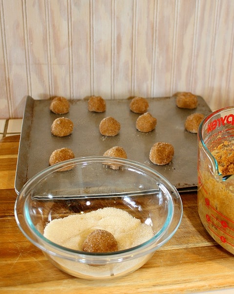 rolling low-sugar molasses cookie dough in sugar before baking