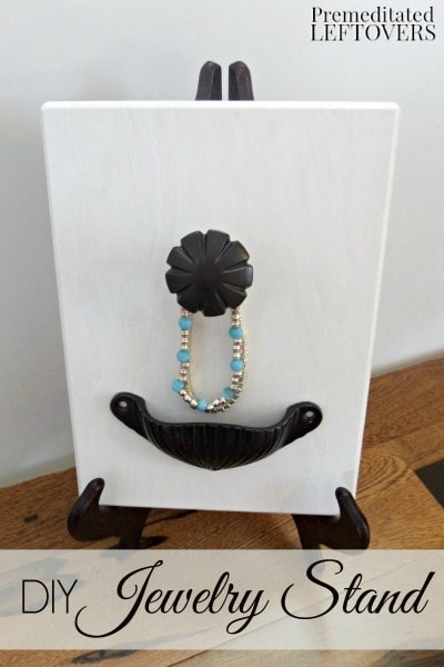 DIY Jewelry Stand - This simple DIY Jewelry Stand made with a tile and cabinet fixtures is perfect for keeping track of your jewelry in the kitchen.