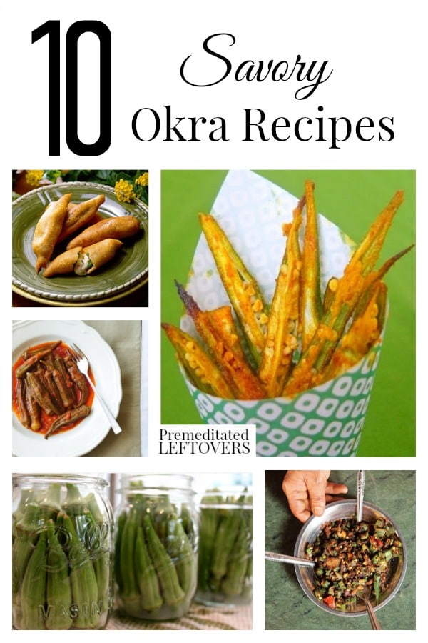 10 Savory Okra Recipes including okra chips, pickled okra recipes, gumbo, fried okra, okra fritters recipe and even an okra dip recipe!