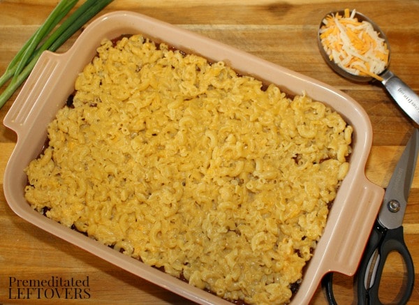 Spread the mac and cheese over chili when making a Gluten-Free Chili Macaroni and Cheese Casserole