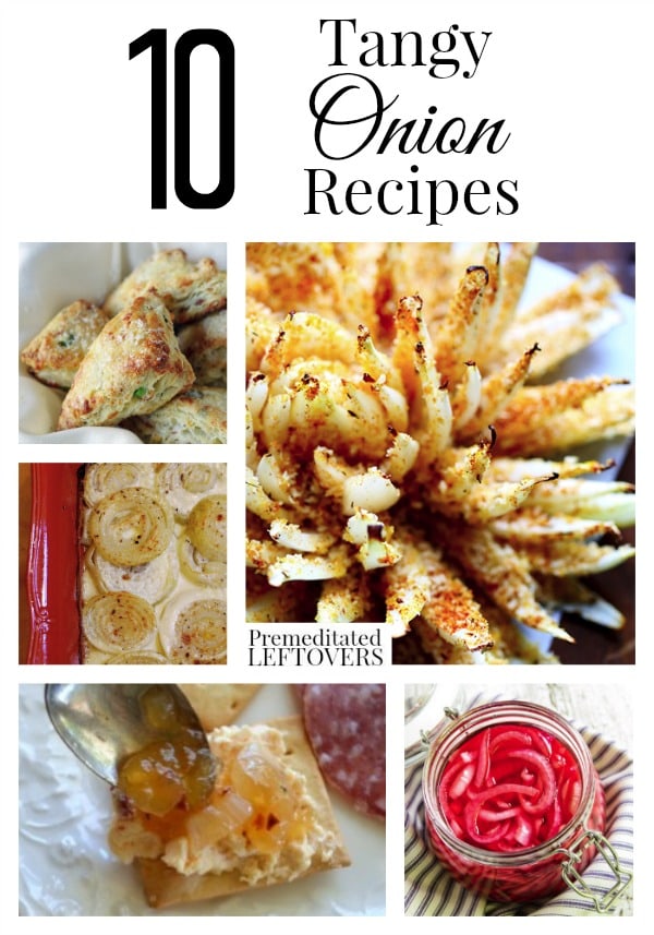 10 Tangy Onion Recipes including a french onion soup recipe, pickled onion recipe, baked bloomin' onion recipe and how to freeze onions.