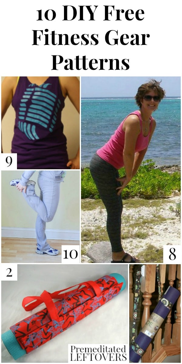 10 DIY Free Fitness Gear Patterns including a DIY yoga mat carrier, free pattern for sports bras, yoga pants pattern, and how to make a workout tank top.