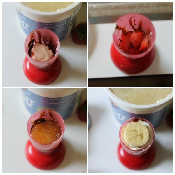Banana Split Yogurt Popsicles - layering yogurt, fruit and pineapple preserves
