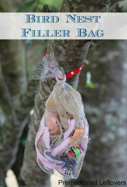 Bird Nest Filler Bag- Teach kids about birds and recycling with these fun scrap bags. Hang them outside and see how many feathered friends they attract. 