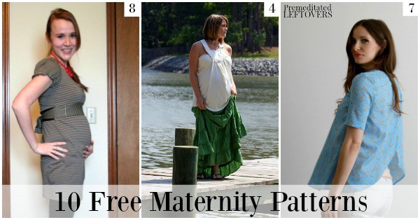 10 free maternity patterns, including a tutorial on how to turn any pants into maternity pants, patterns for maternity dresses, and DIY maternity tops.
