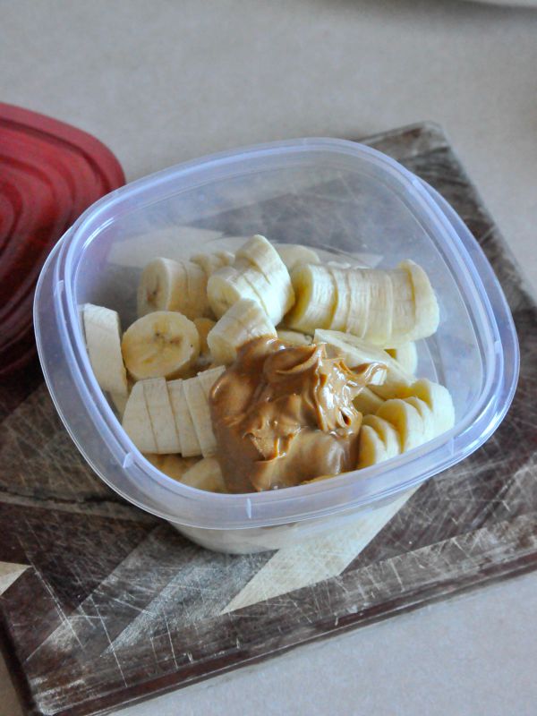 Peanut Butter Banana Chips in container for mixing
