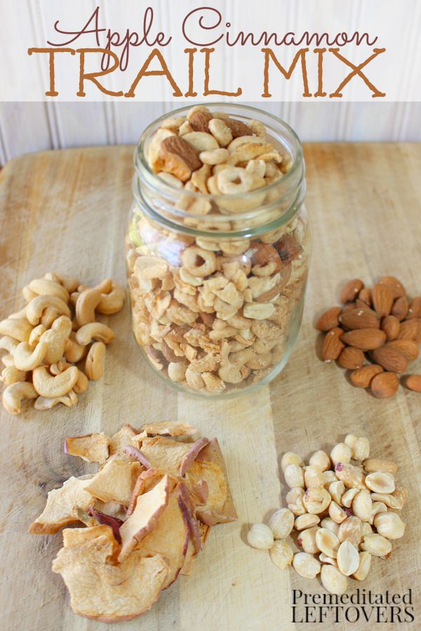 Looking for a delicious candy-free trail mix recipe? This delicious apple cinnamon trail mix recipe includes apple cinnamon GlutenFreeCheerios, nuts, and apple chips. The Apple Cinnamon Cheerios and apple chips add just the right touch of sweetness to balance the saltiness of the nuts.