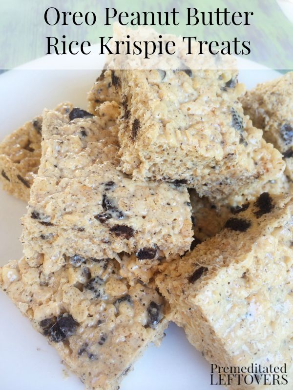 Oreo Peanut Butter Rice Krispie Treats- Oreos and peanut butter are always a hit. They create a sweet and chewy dessert in this Rice Krispie treat recipe.
