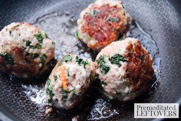 Turkey Meatballs with Zucchini and Sweet Potatoes- browning meatballs