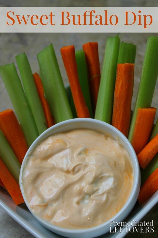 Sweet Buffalo Dip- This homemade buffalo dip is a great way to spice up veggies or chicken. Give it a try for an easy dipping sauce that is sweet and tangy.
