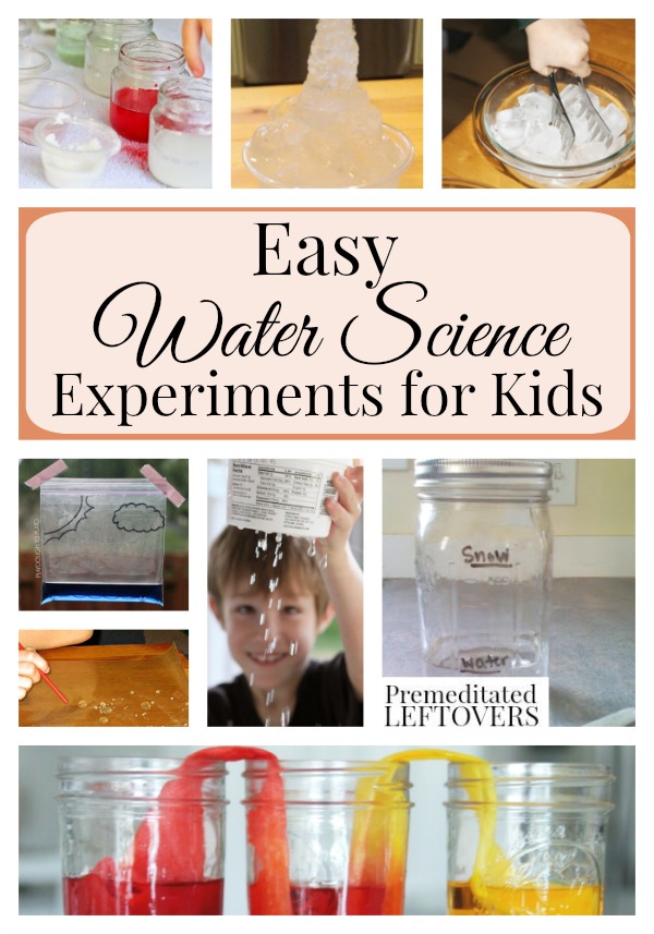 Easy Water Science Experiments for kids exploring surface tension, water density experiments, sounds traveling through water, as well as the water cycle.