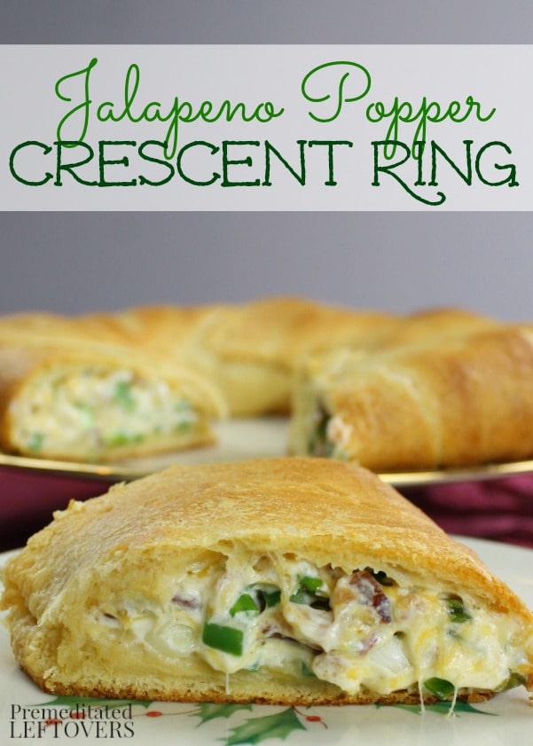Jalapeno Popper Crescent Ring Recipe: An easy appetizer recipe made by stuffing a Pillsbury crescent ring with jalapeno popper dip. Easy make-ahead party recipe.