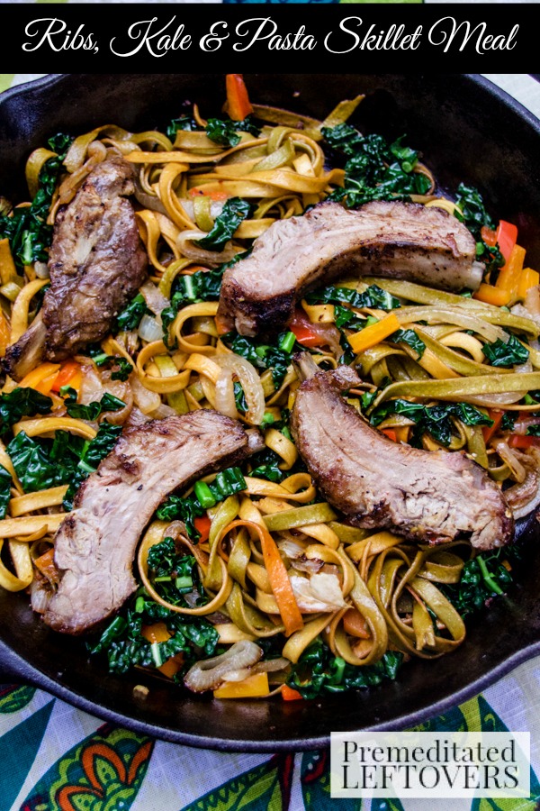 Pork Ribs and Kale Skillet- Here's a quick and easy way to use leftover leftover pork ribs. This skillet recipe is colorful and flavorful! 