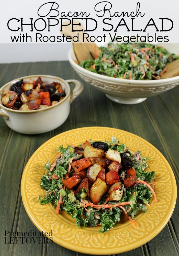 Bacon Ranch Chopped Salad Recipe with Roasted Root Vegetables includes kale, beet leaves, chard leaves, carrot tops, celery tops, radish tops, bacon, and Hidden Valley Ranch Dressing.
