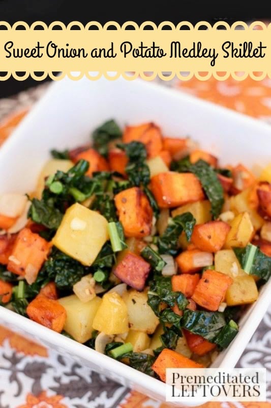 Sweet Onion and Potato Medley Skillet- Here's a new recipe to try this Thanksgiving. Guests will enjoy this colorful mix of potatoes, sweet onion, and kale.