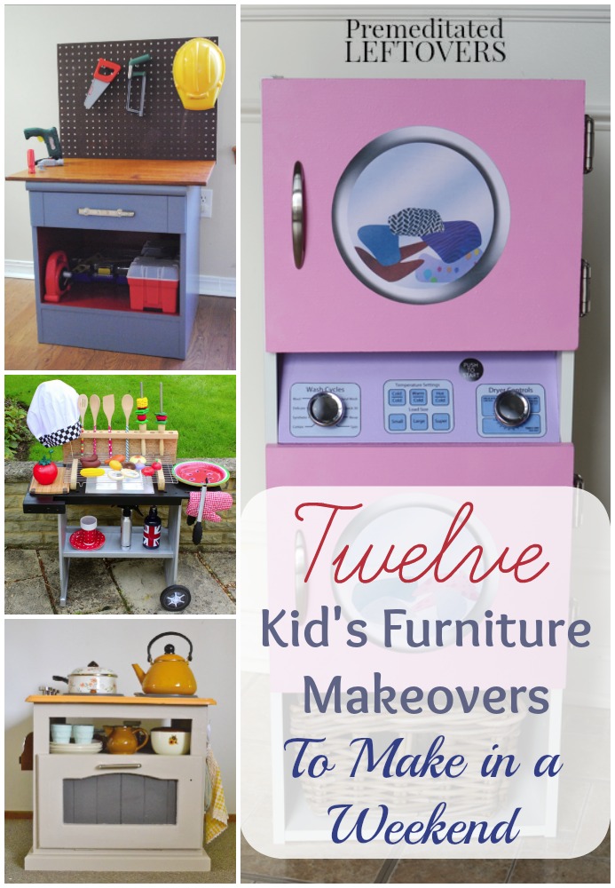 Kid's Furniture Makeovers- Play furniture for kids is a fun way to recycle old furniture. These tutorials include DIY kitchens, activity tables, and more.