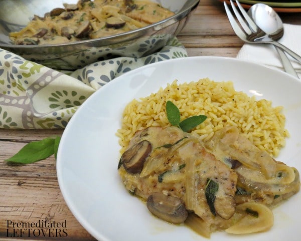 Pork Cutlets with Mushrooms, Onions, and Sage- This frugal recipe pairs pork cutlets with flavorful ingredients in a creamy sauce. Enjoy over pasta or rice.