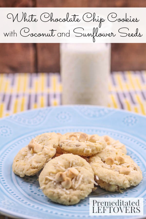 White Chocolate Chip Cookies with Coconut and Sunflower Seeds- Here's a white chocolate chip cookie recipe that is sure to leave you begging for more! 