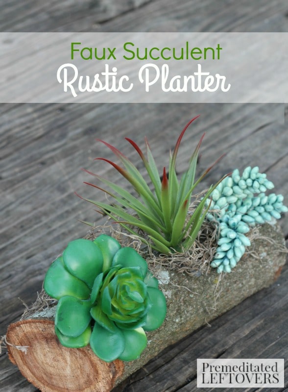 Rustic Faux Succulent Planter- With a few inexpensive materials you can make this faux succulent planter. The unfinished log and moss create a natural look.