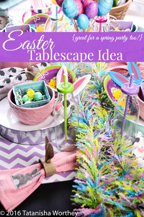 Pastel Easter Tablescape- Pastel dinnerware and spring knick-knacks create this festive table design. It's such a fun way to decorate for your Easter meal!