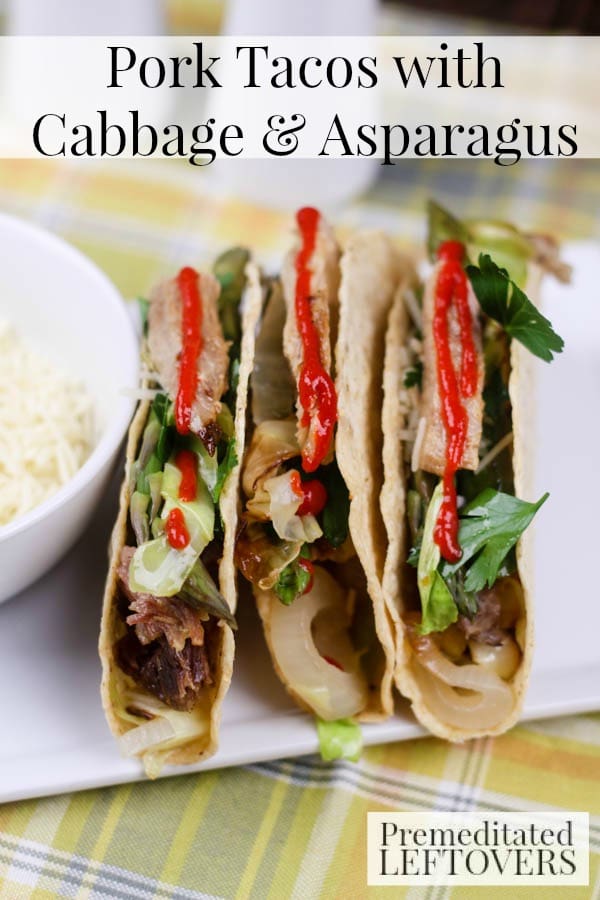 Pork Tacos with Cabbage and Asparagus- Jazz up Taco Tuesday with these pork tacos with veggies. This recipe is also a delicious way to use leftover pork.