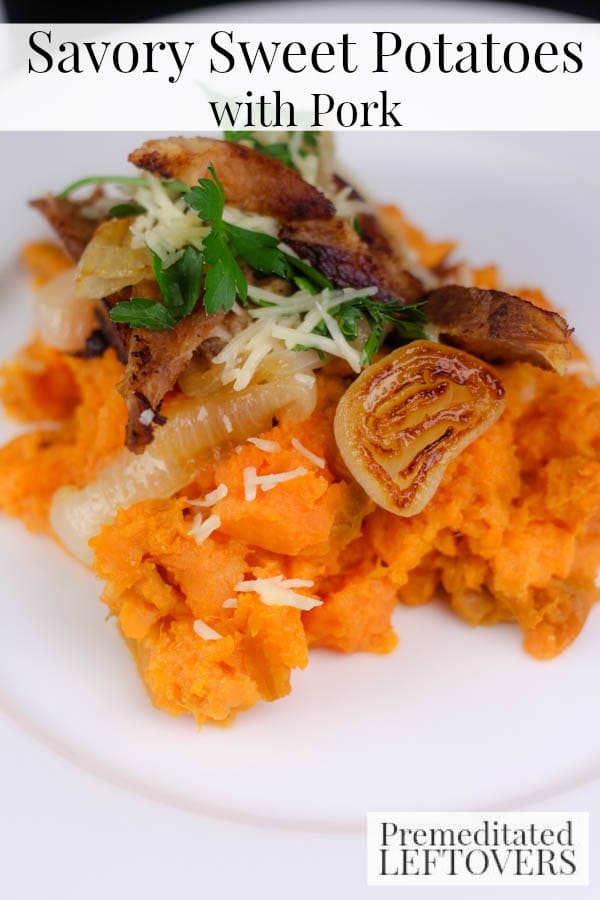 Savory Sweet Potatoes with Pork- Here is a delicious way to use leftover pork roast. Pair it with sweet potatoes and onion to make this quick and easy meal. 