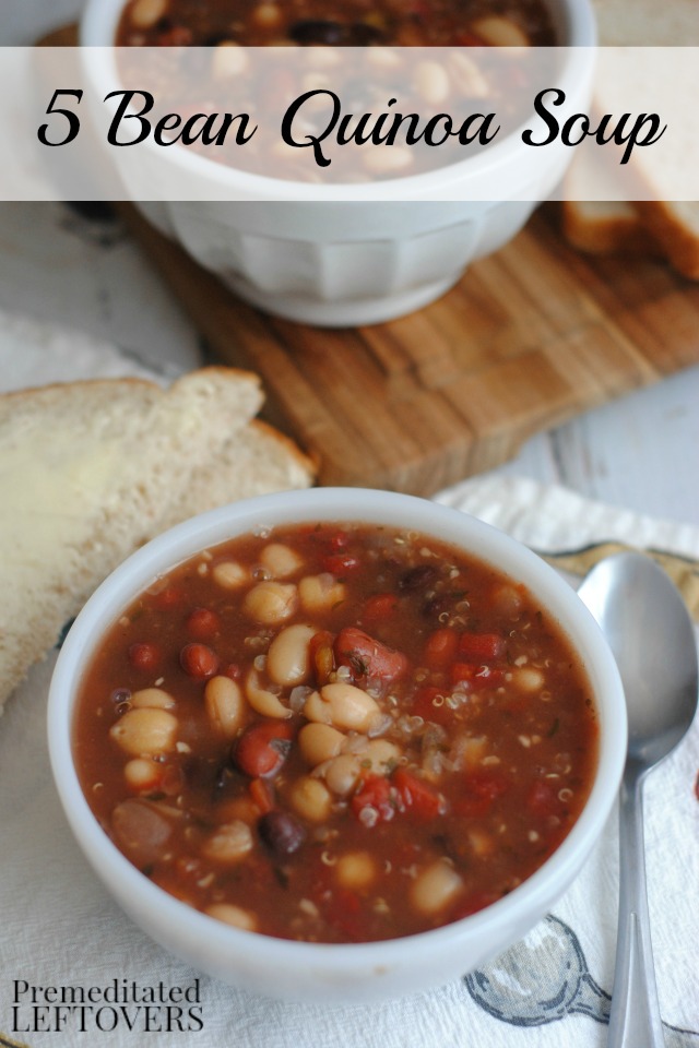 5 Bean Quinoa Soup- This frugal soup recipe is loaded with flavorful spices and healthy protein sources such as quinoa and beans. 
