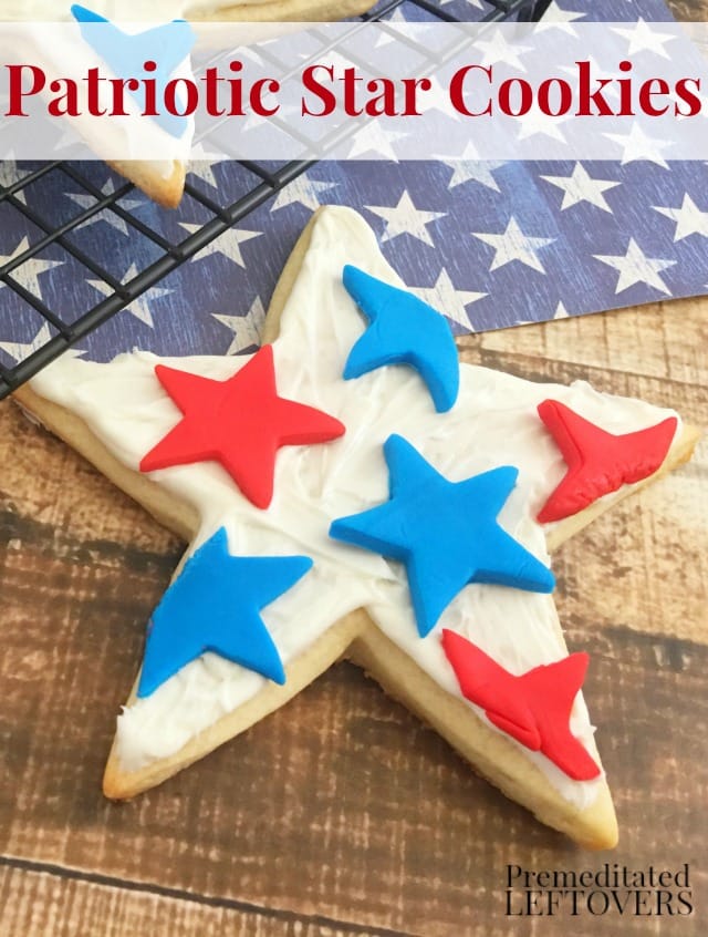 Patriotic Star Cookies- Here's a festive dessert recipe for July 4th! These sugar cookies are decorated in red, white, and blue buttercream and fondant.