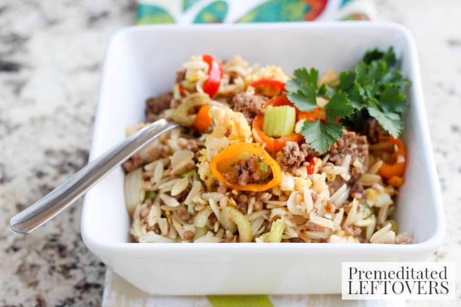 Couscous & Orzo Pepper Stir-Fry- bowl of stir fry and spoon