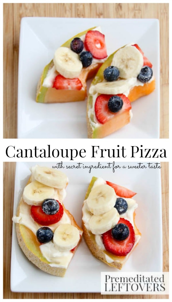 Cantaloupe Fruit Pizza- This easy fruit pizza is made with a cantaloupe "crust" and is gluten-free. It's light and fruity and sure to be a summer favorite!