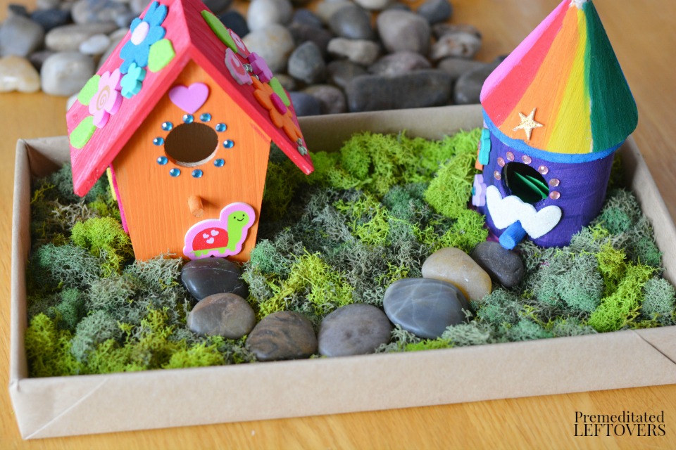 DIY Bird House Fairy Garden for Kids- This is such a fun and easy craft project using small wooden bird houses. Kids can create a whole fairy village!
