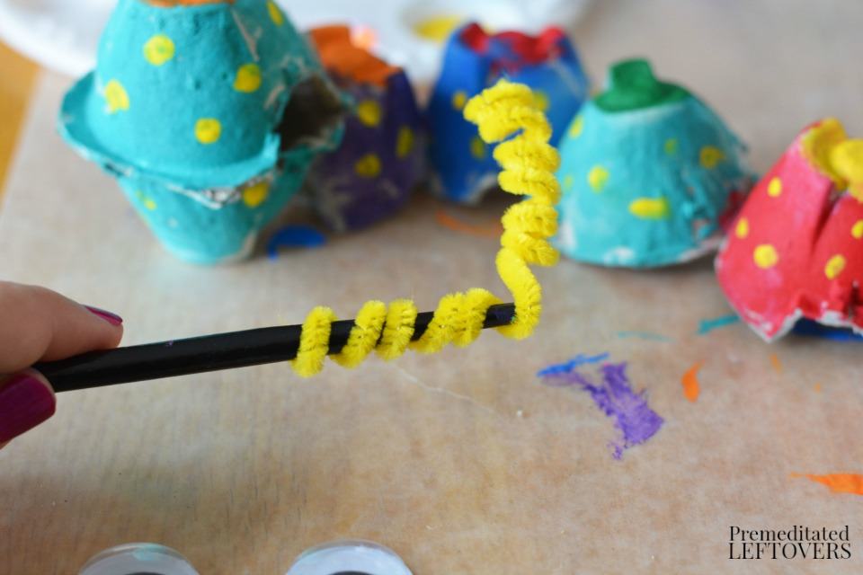 Egg Carton Caterpillar - how to make antennae