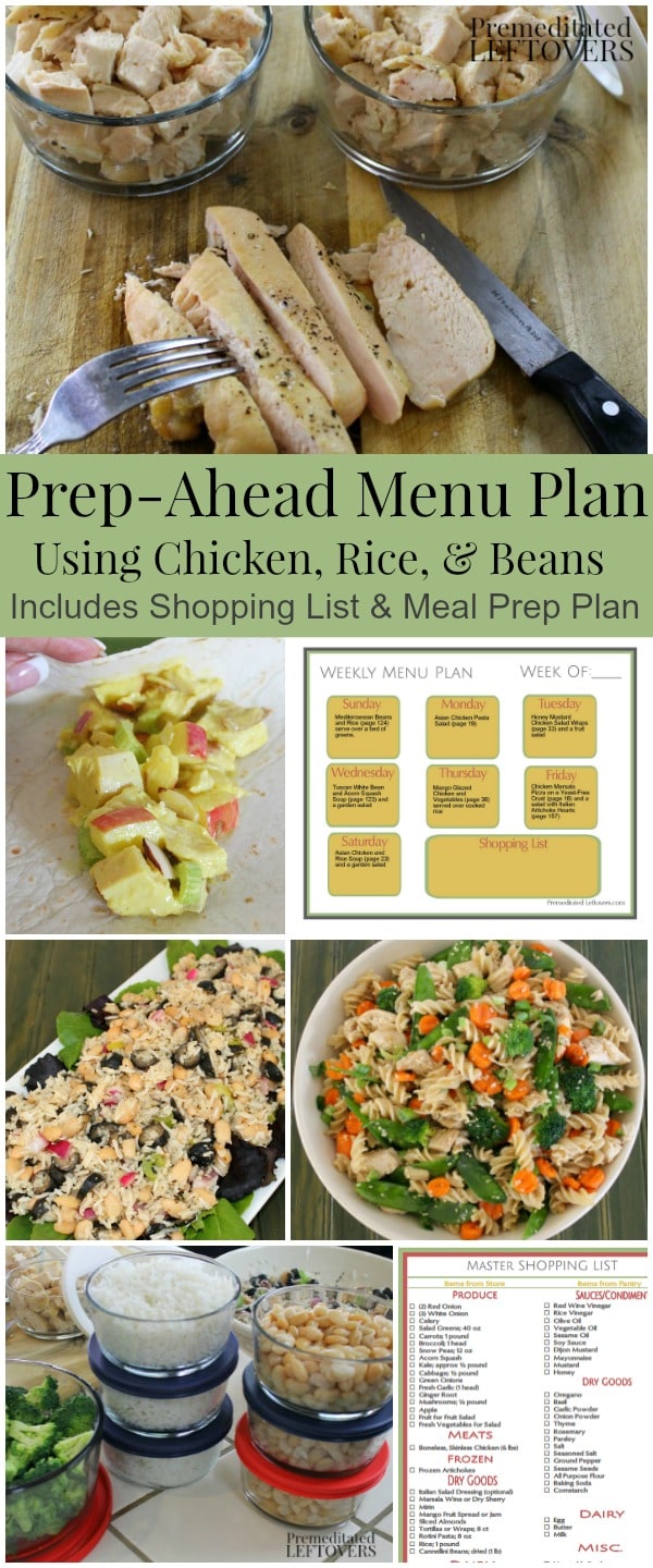 Menu Plan using recipes from Prep-Ahead Meals from Scratch. It includes a shopping list and a batch cooking meal prep plan.